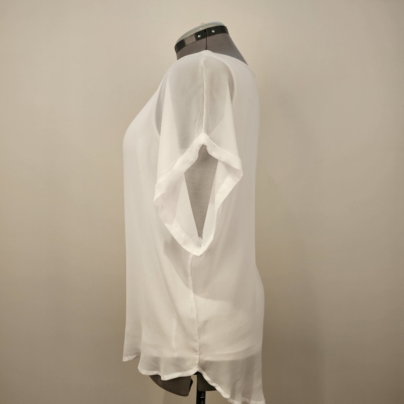 White chiffon lined in stretch knit drop shoulder round neck blouse top M US - Picture 2 of 6